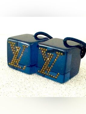 LOUIS VUITTON  Blue Cube Dice Hair Tie LV Studded Resin Gold Tone Elastic Pair